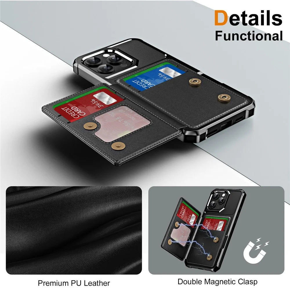 For iPhone 16 Pro Case Card Slot Kickstand Leather+TPU Reinforced Corner Phone Cover - Black - 6