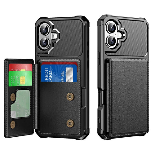 For iPhone 16 Plus Case Card Slot Kickstand Leather+TPU Reinforced Corner Phone Cover - Black - 1