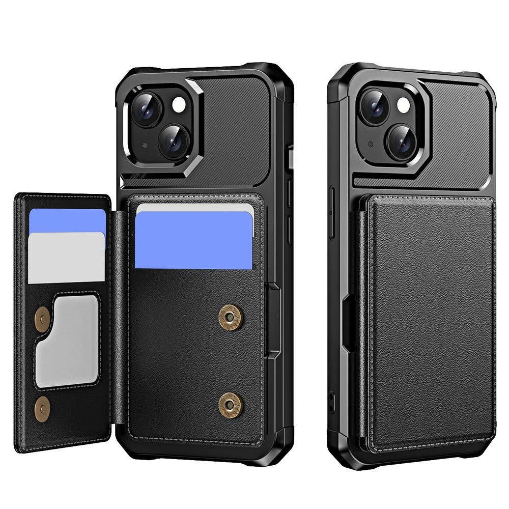 For iPhone 15 Plus Case Card Slot Kickstand Leather+TPU Reinforced Corner Phone Cover - Black - 1