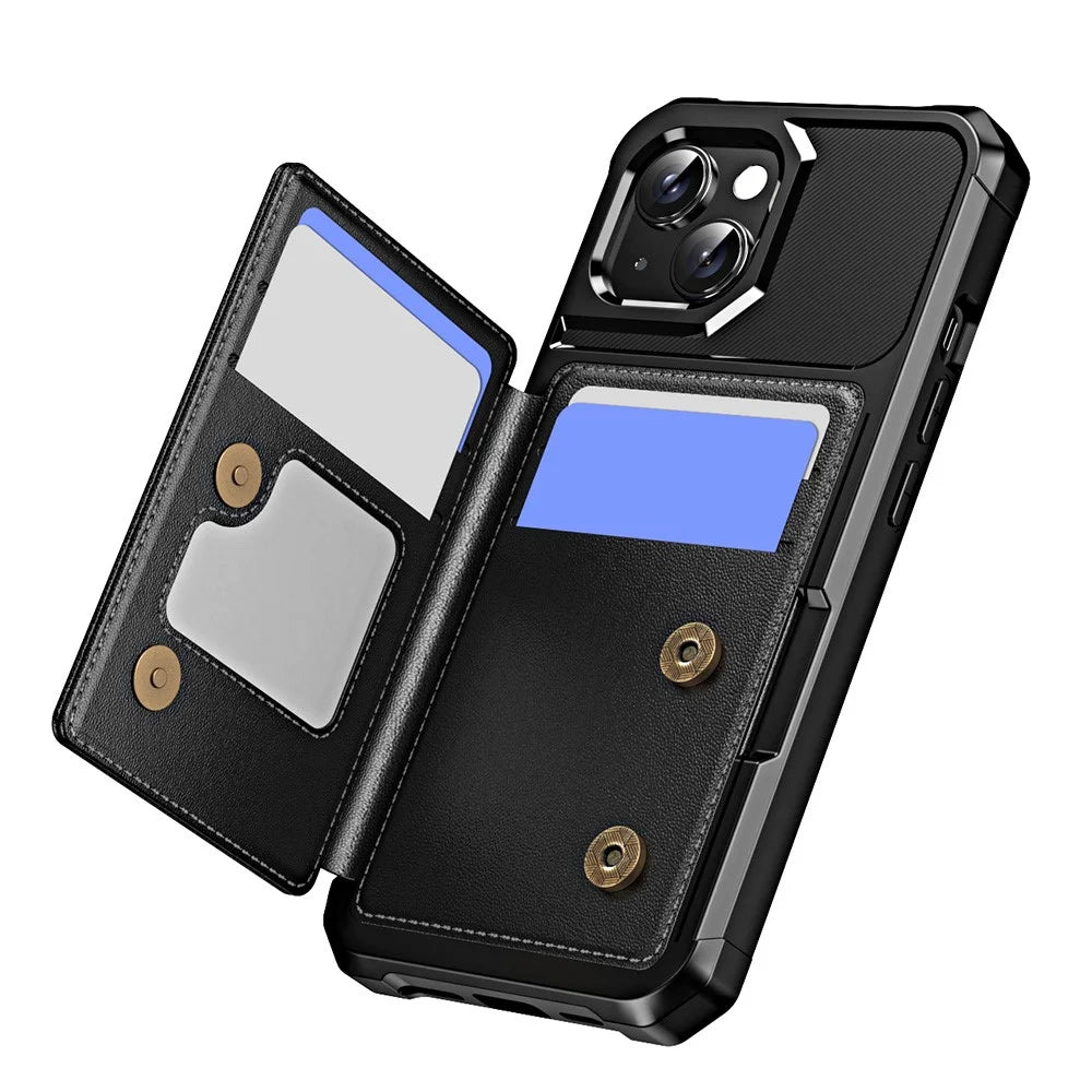 For iPhone 15 Plus Case Card Slot Kickstand Leather+TPU Reinforced Corner Phone Cover - Black - 2