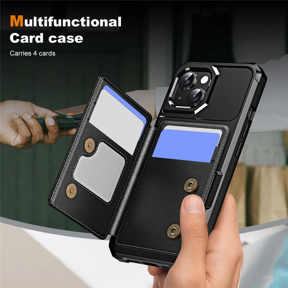 For iPhone 15 Plus Case Card Slot Kickstand Leather+TPU Reinforced Corner Phone Cover - Black - 3