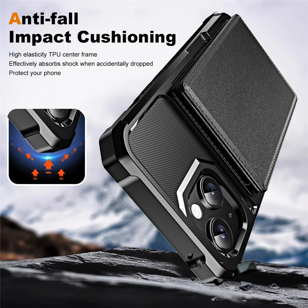 For iPhone 15 Plus Case Card Slot Kickstand Leather+TPU Reinforced Corner Phone Cover - Black - 5