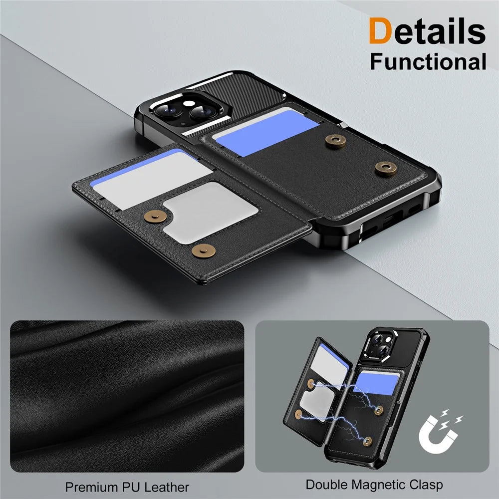 For iPhone 15 Plus Case Card Slot Kickstand Leather+TPU Reinforced Corner Phone Cover - Black - 6