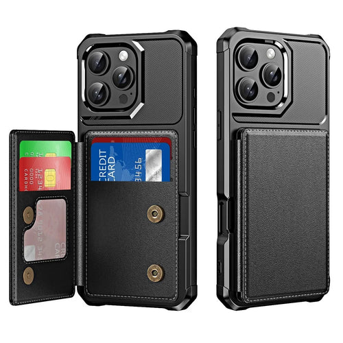 For iPhone 15 Pro Case Card Slot Kickstand Leather+TPU Reinforced Corner Phone Cover - Black - 1