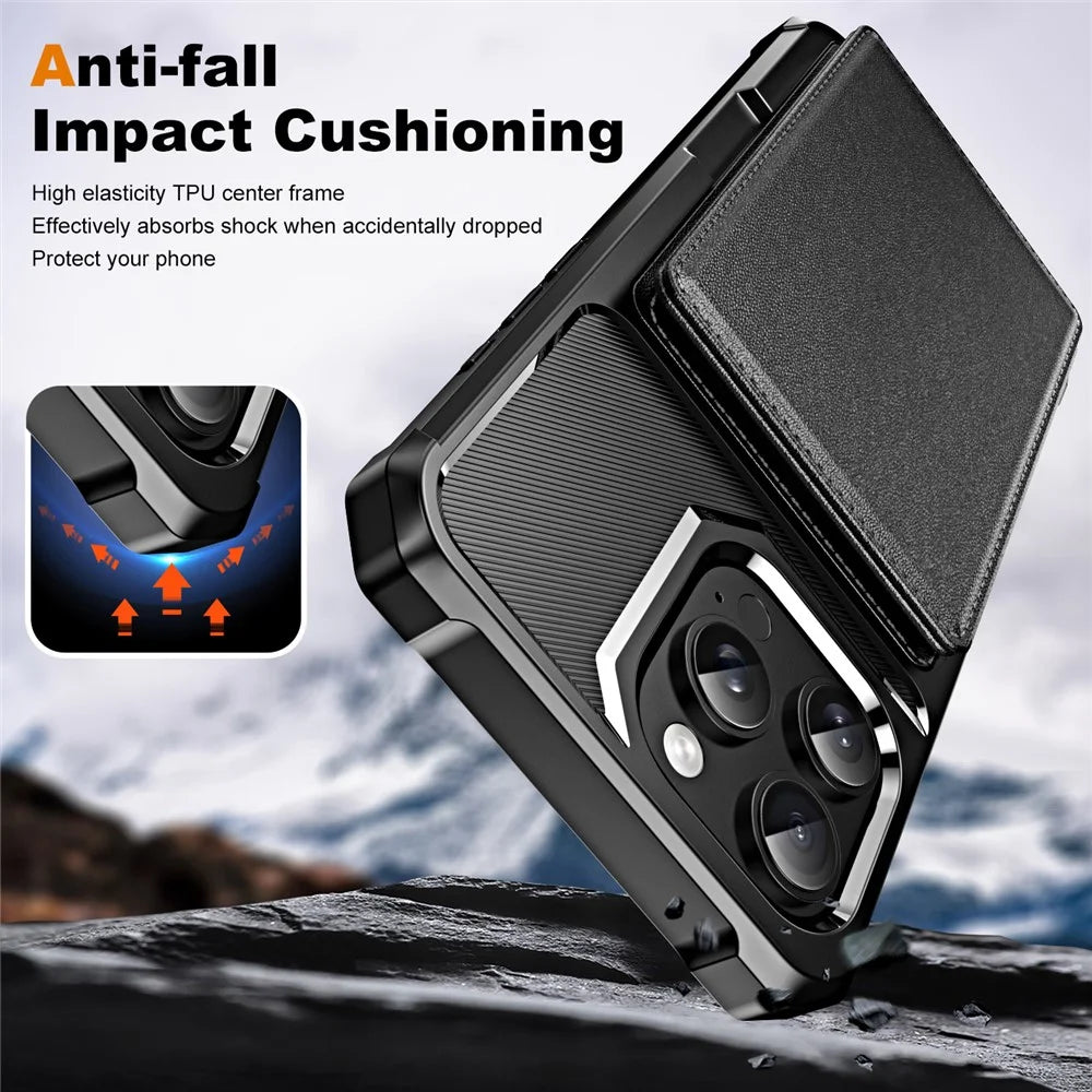 For iPhone 15 Pro Case Card Slot Kickstand Leather+TPU Reinforced Corner Phone Cover - Black - 5