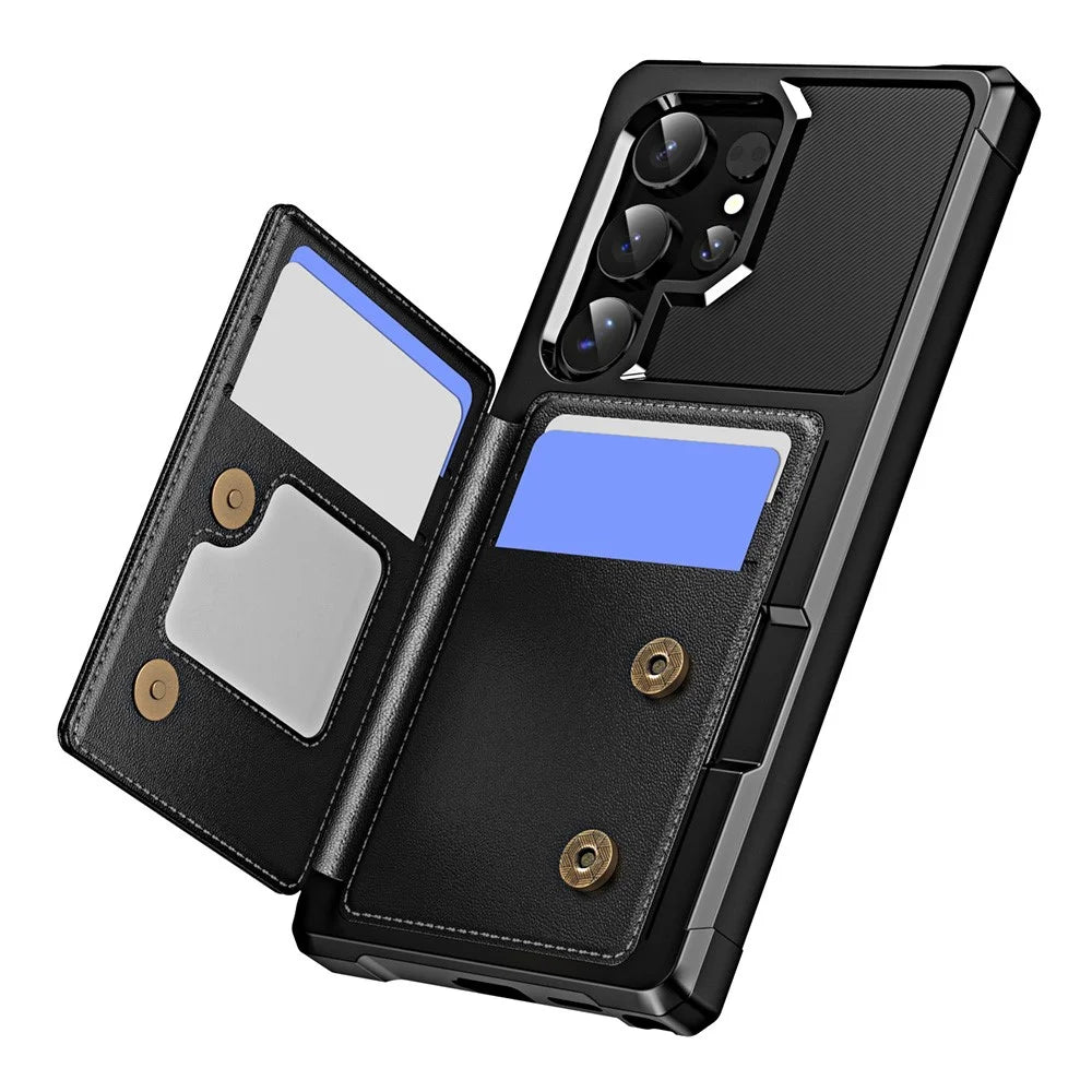 For Samsung Galaxy S24 Ultra Case Card Slot Kickstand Leather+TPU Reinforced Corner Phone Cover - Black - 2