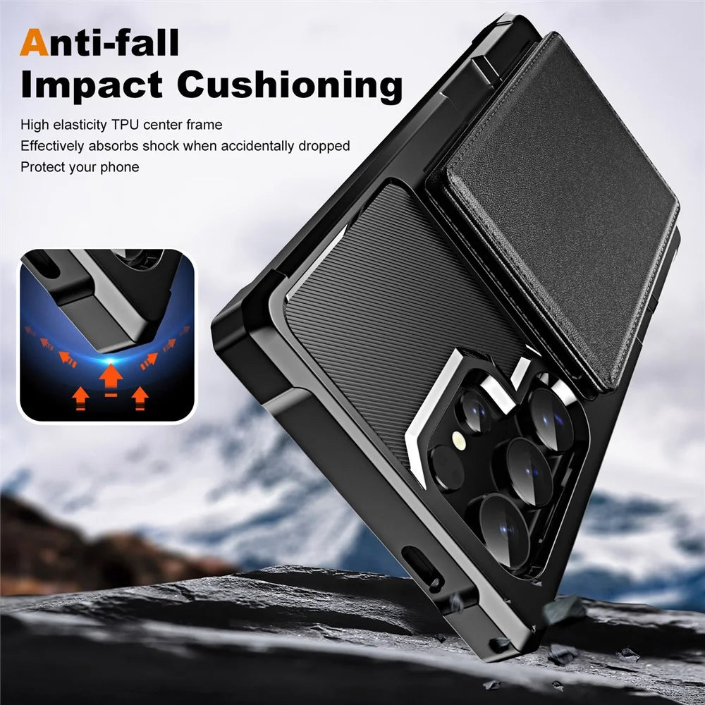 For Samsung Galaxy S24 Ultra Case Card Slot Kickstand Leather+TPU Reinforced Corner Phone Cover - Black - 5