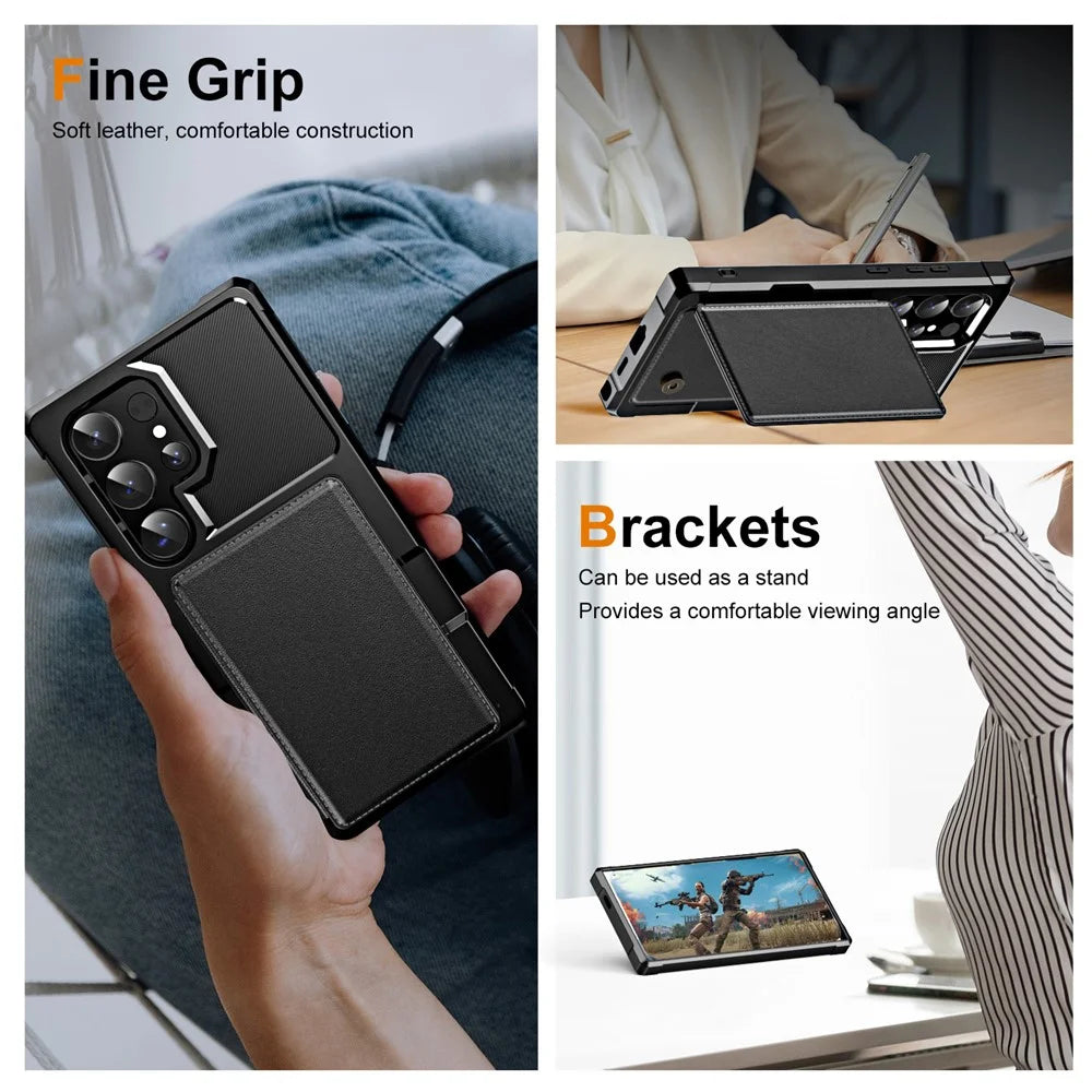 For Samsung Galaxy S24 Ultra Case Card Slot Kickstand Leather+TPU Reinforced Corner Phone Cover - Black - 7