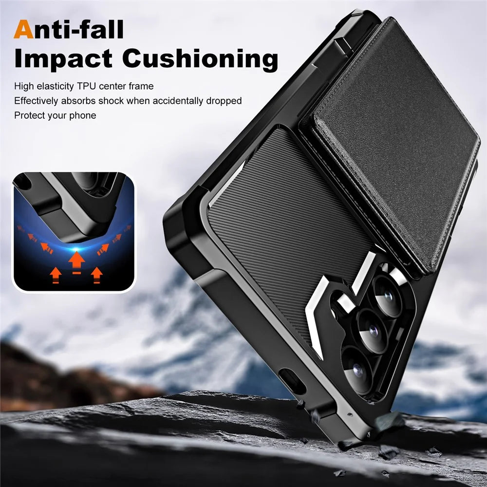 For Samsung Galaxy A55 5G Case Card Slot Kickstand Leather+TPU Reinforced Corner Phone Cover - Black - 5