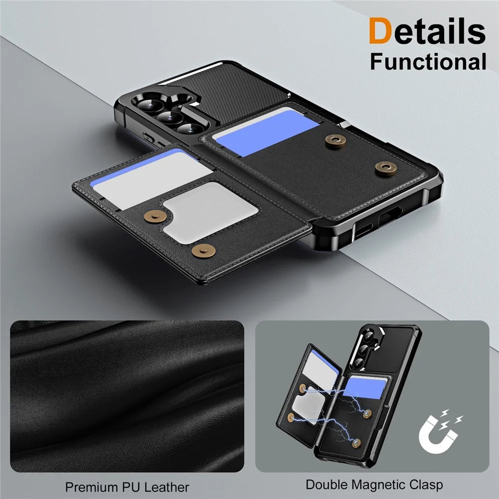 For Samsung Galaxy A55 5G Case Card Slot Kickstand Leather+TPU Reinforced Corner Phone Cover - Black - 6