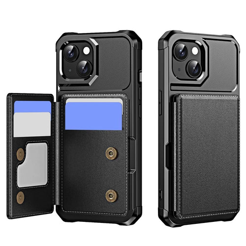 For iPhone 14 Case Card Slot Kickstand Leather+TPU Reinforced Corner Phone Cover - Black - 1