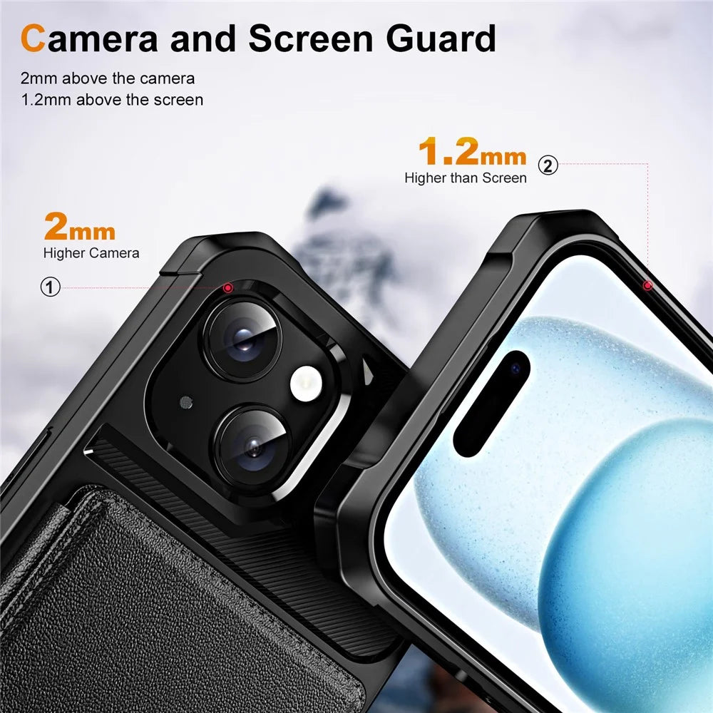 For iPhone 14 Case Card Slot Kickstand Leather+TPU Reinforced Corner Phone Cover - Black - 4