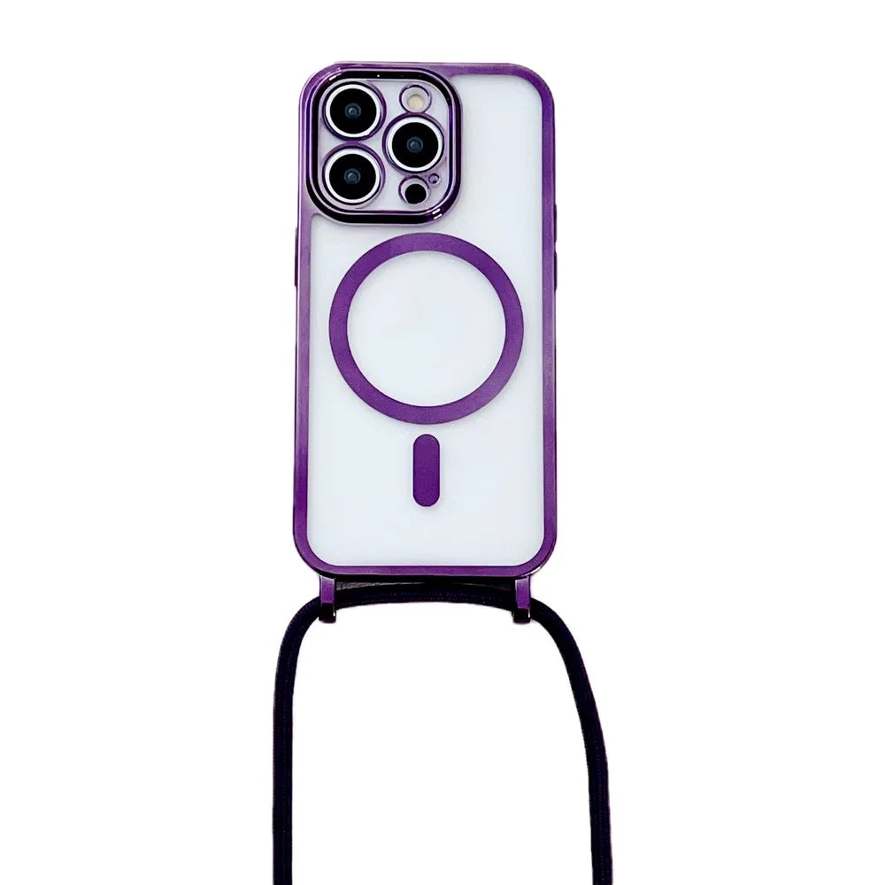 For iPhone 16 Pro Case Compatible with MagSafe Electroplating TPU Cellphone Protector with Long Lanyard - Purple - 1