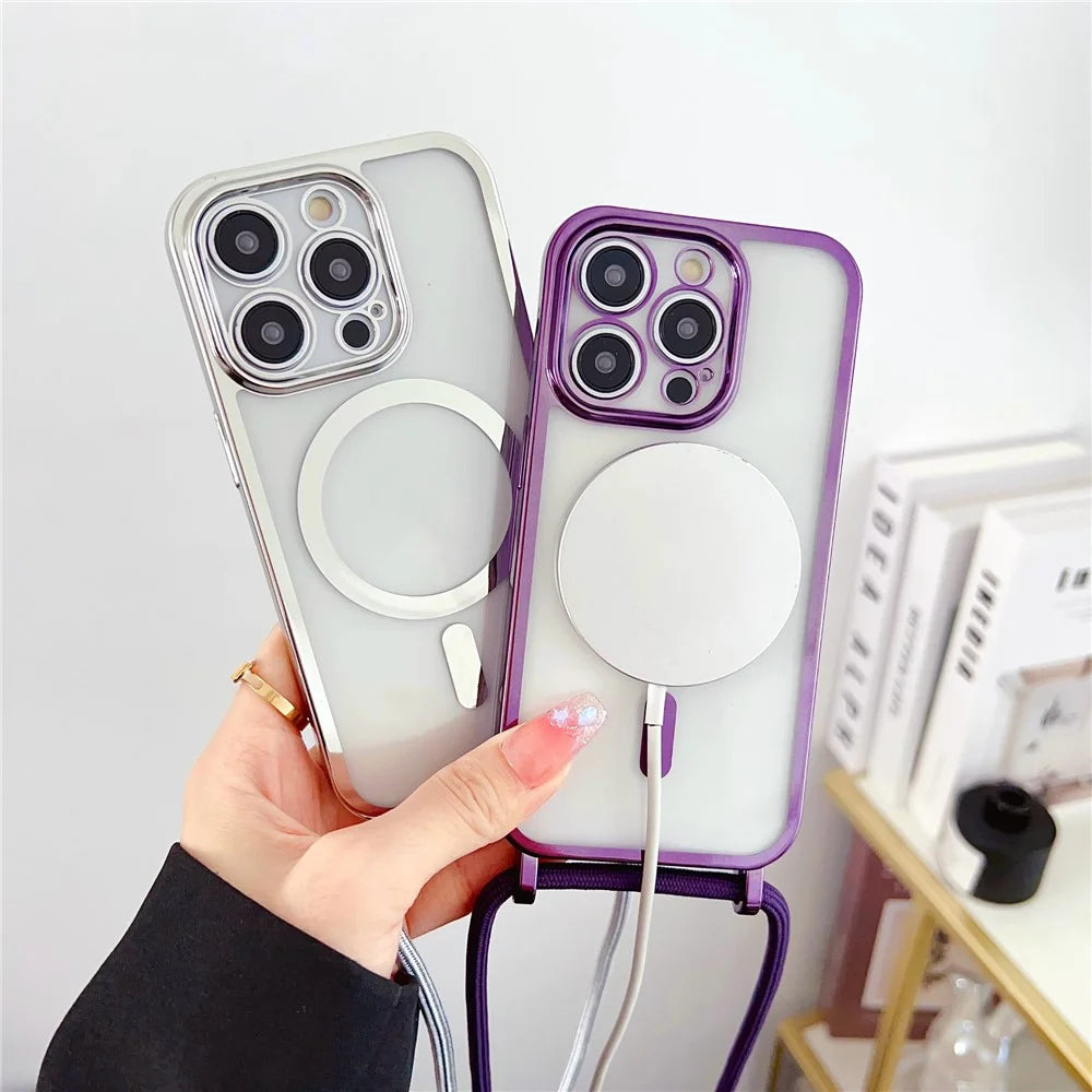 For iPhone 16 Pro Case Compatible with MagSafe Electroplating TPU Cellphone Protector with Long Lanyard - Purple - 4