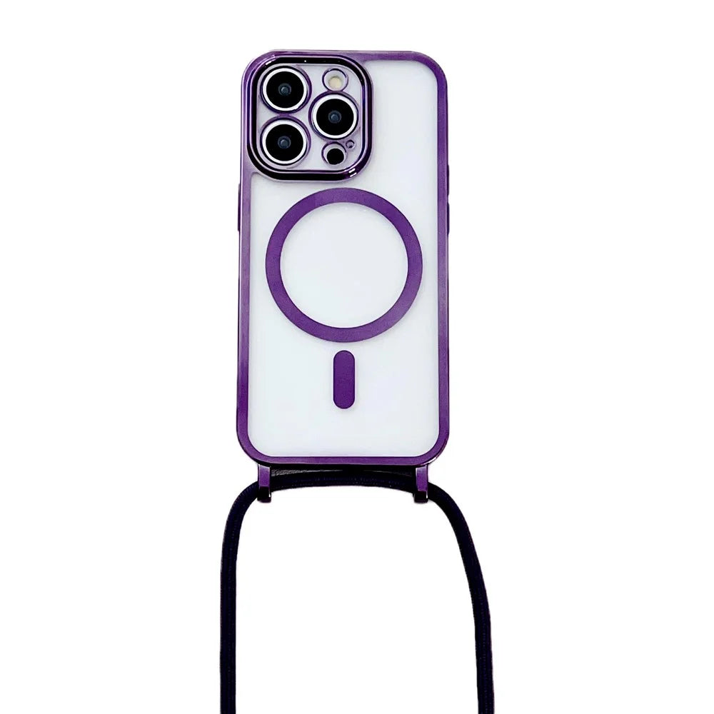 For iPhone 16 Pro Max Case Compatible with MagSafe Electroplating TPU Cellphone Protector with Long Lanyard - Purple - 1