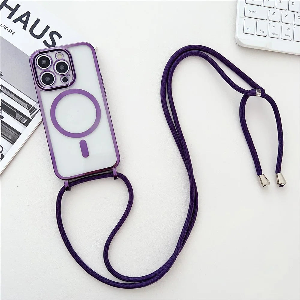 For iPhone 16 Pro Max Case Compatible with MagSafe Electroplating TPU Cellphone Protector with Long Lanyard - Purple - 2