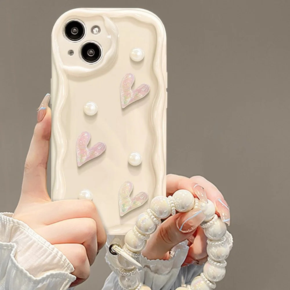 For iPhone 14 Case 3D Heart Design TPU Phone Cover with Laser Beaded Strap - White - 1