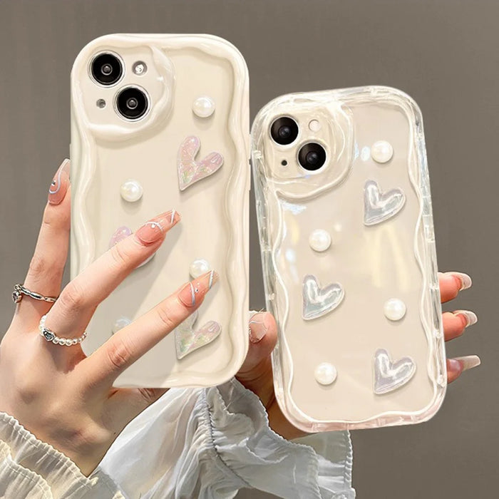 For iPhone 14 Case 3D Heart Design TPU Phone Cover with Laser Beaded Strap - White - 2