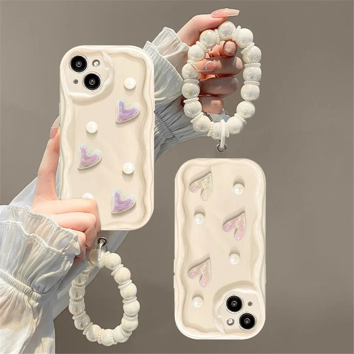 For iPhone 15 Case 3D Heart Design TPU Phone Cover with Laser Beaded Strap - White - 2