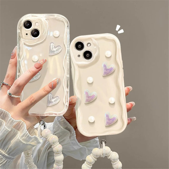 For iPhone 15 Case 3D Heart Design TPU Phone Cover with Laser Beaded Strap - White - 3