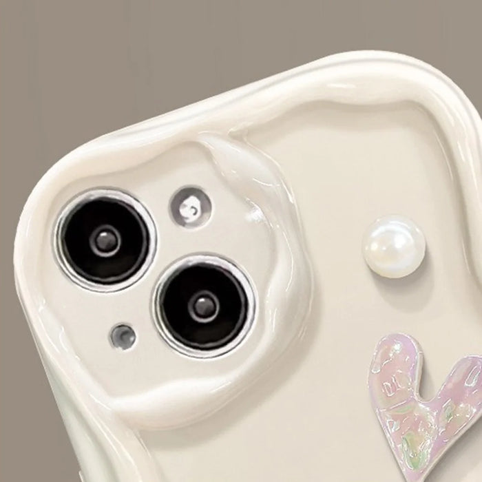 For iPhone 15 Case 3D Heart Design TPU Phone Cover with Laser Beaded Strap - White - 5