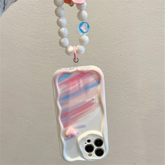 For iPhone 16 Pro Case Rainbow Graffiti 3D Heart Decor Silicone Phone Cover with Beaded Strap - 2