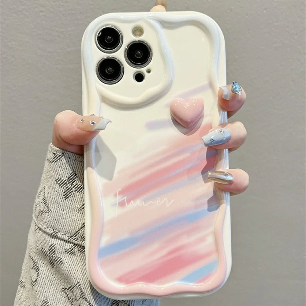 For iPhone 16 Pro Max Case Rainbow Graffiti 3D Heart Decor Silicone Phone Cover - 1