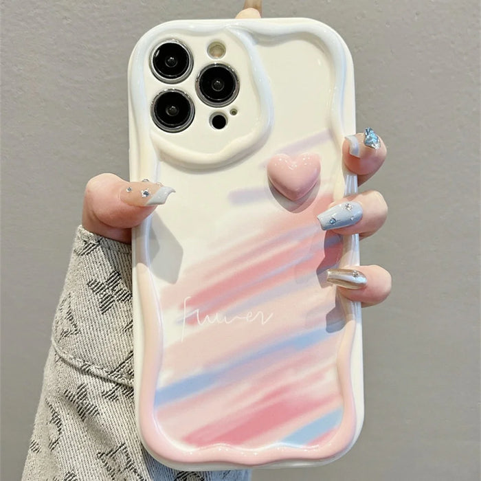 For iPhone 16 Pro Case Rainbow Graffiti 3D Heart Decor Silicone Phone Cover - 1