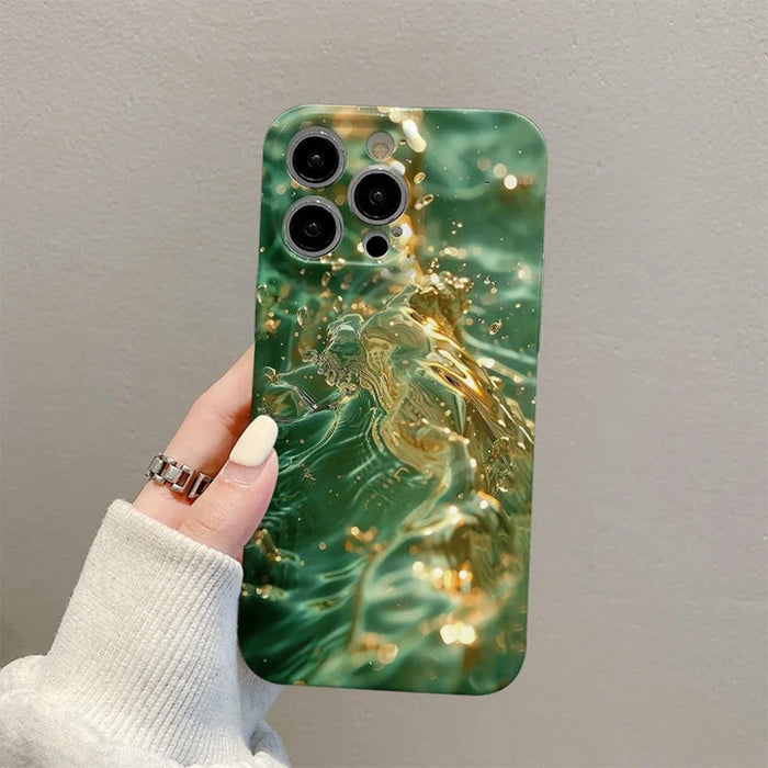 For iPhone 16 Pro Max Case Flowing Gold Pattern Hard PC Phone Cover - Green 1 - 1