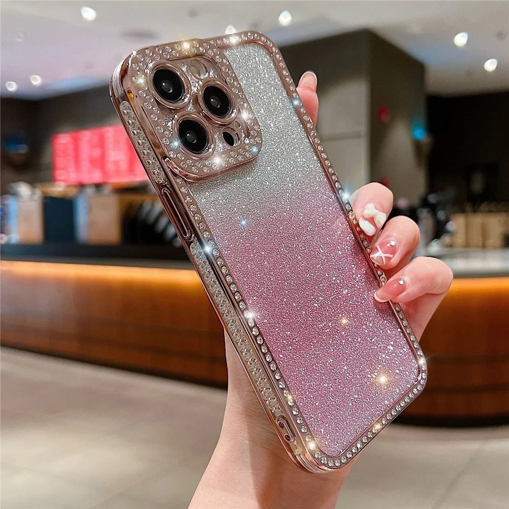 For iPhone 16 Pro Max Case Glitter Phone Case Rhinestone Decor Electroplating Protective Cover - Gradient Blue - 4
