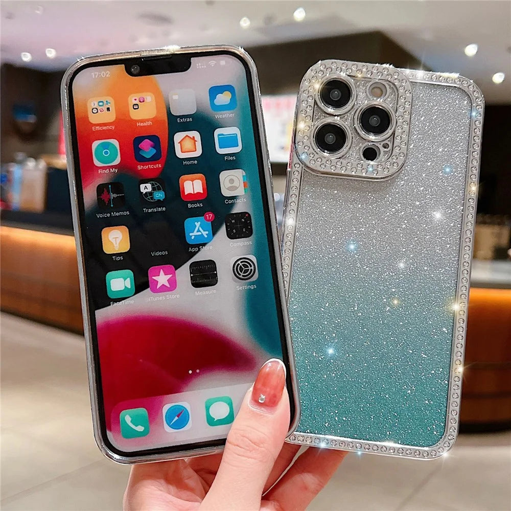 For iPhone 16 Pro Case Glitter Phone Case Rhinestone Decor Electroplating Protective Cover - Gradient Blue - 7