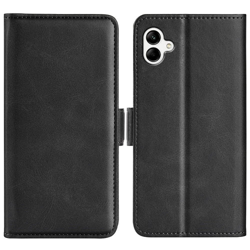 For Samsung Galaxy A04 4G (164.4 x 76.3 x 9.1 mm) Textured PU Leather Phone Case Dual Magnetic Clasp Folio Flip Stand Wallet Cover - Black - 1