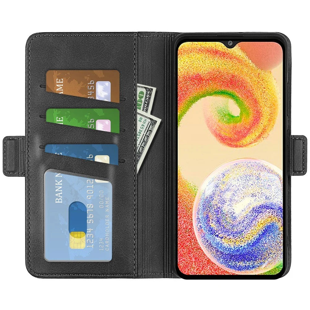 For Samsung Galaxy A04 4G (164.4 x 76.3 x 9.1 mm) Textured PU Leather Phone Case Dual Magnetic Clasp Folio Flip Stand Wallet Cover - Black - 2