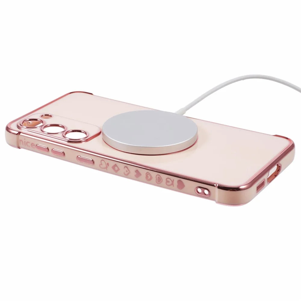 For Samsung Galaxy S23 Magnetic Case Electroplated TPU Phone Cover Hollow Love Hearts - Rose Pink - 4