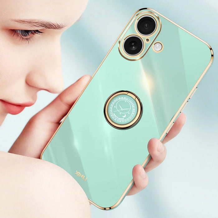 XINLI For iPhone 16 Plus Case Ring Kickstand Electroplating TPU Phone Cover - Cyan - 2