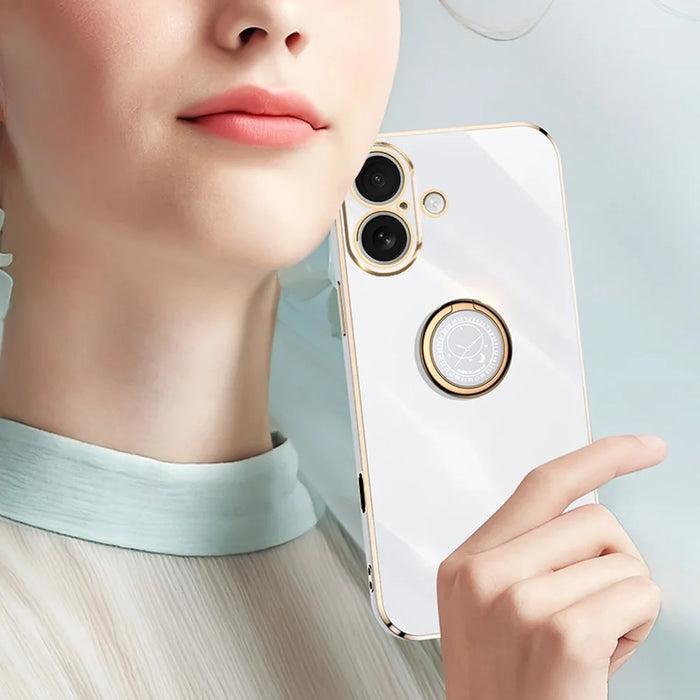 XINLI For iPhone 16 Plus Case Ring Kickstand Electroplating TPU Phone Cover - Cyan - 4