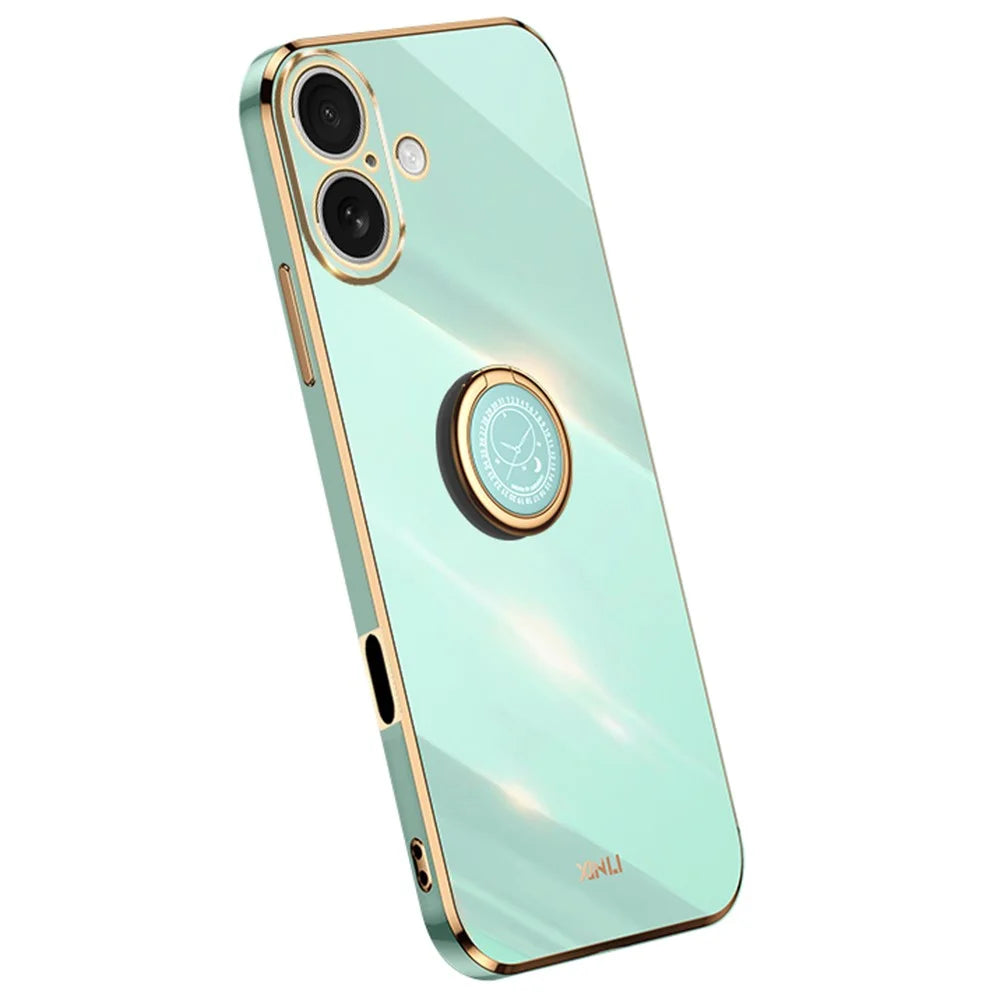 XINLI For iPhone 16 Case Ring Kickstand Electroplating TPU Phone Cover - Cyan - 1