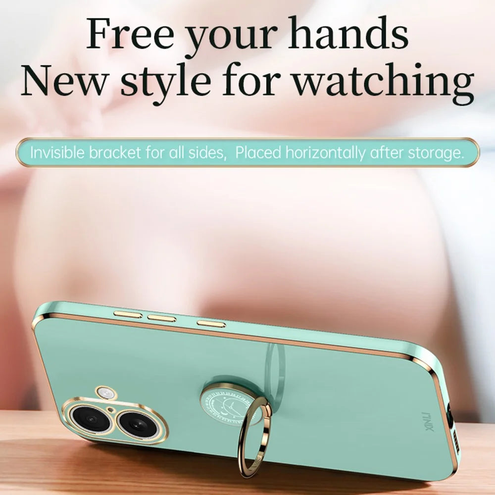 XINLI For iPhone 16 Case Ring Kickstand Electroplating TPU Phone Cover - Cyan - 3
