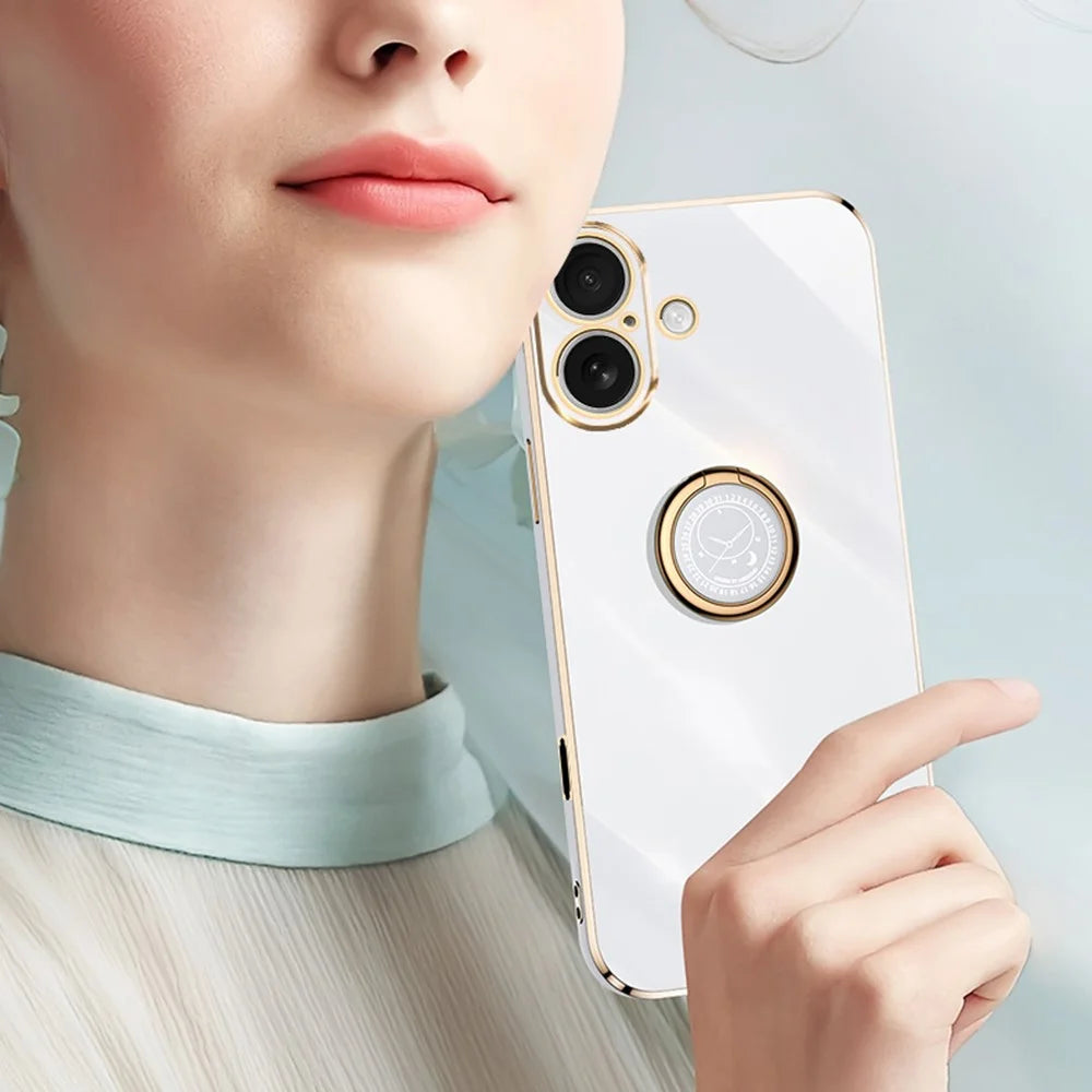 XINLI For iPhone 16 Case Ring Kickstand Electroplating TPU Phone Cover - Cyan - 4