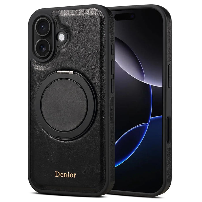 DENIOR For iPhone 16 Plus Case Rotating Magnetic Kickstand Genuine Cow Leather Phone Back Cover - Black - 1