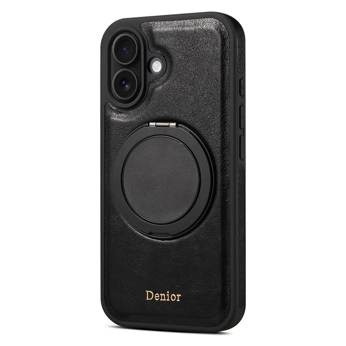 DENIOR For iPhone 16 Plus Case Rotating Magnetic Kickstand Genuine Cow Leather Phone Back Cover - Black - 2