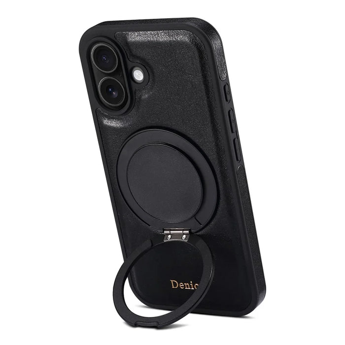 DENIOR For iPhone 16 Plus Case Rotating Magnetic Kickstand Genuine Cow Leather Phone Back Cover - Black - 4