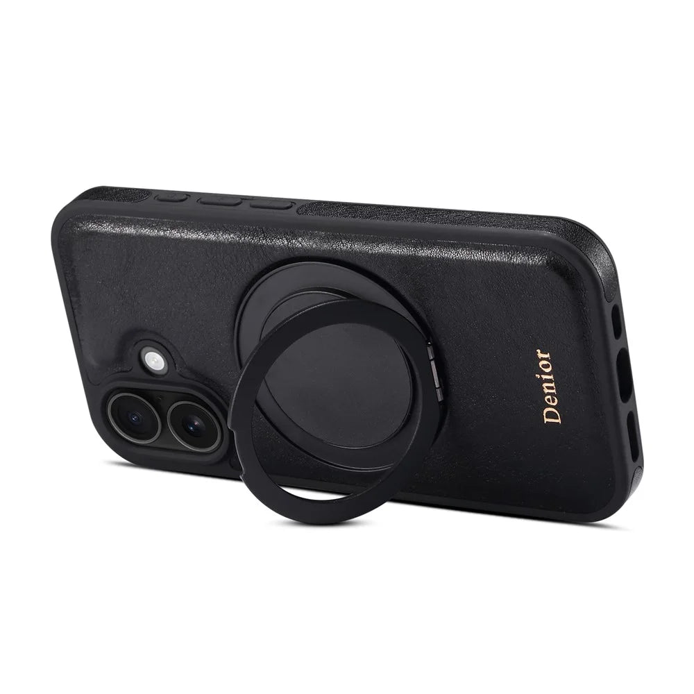 DENIOR For iPhone 16 Plus Case Rotating Magnetic Kickstand Genuine Cow Leather Phone Back Cover - Black - 5