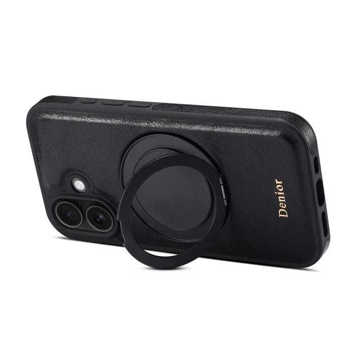 DENIOR For iPhone 16 Plus Case Rotating Magnetic Kickstand Genuine Cow Leather Phone Back Cover - Black - 5