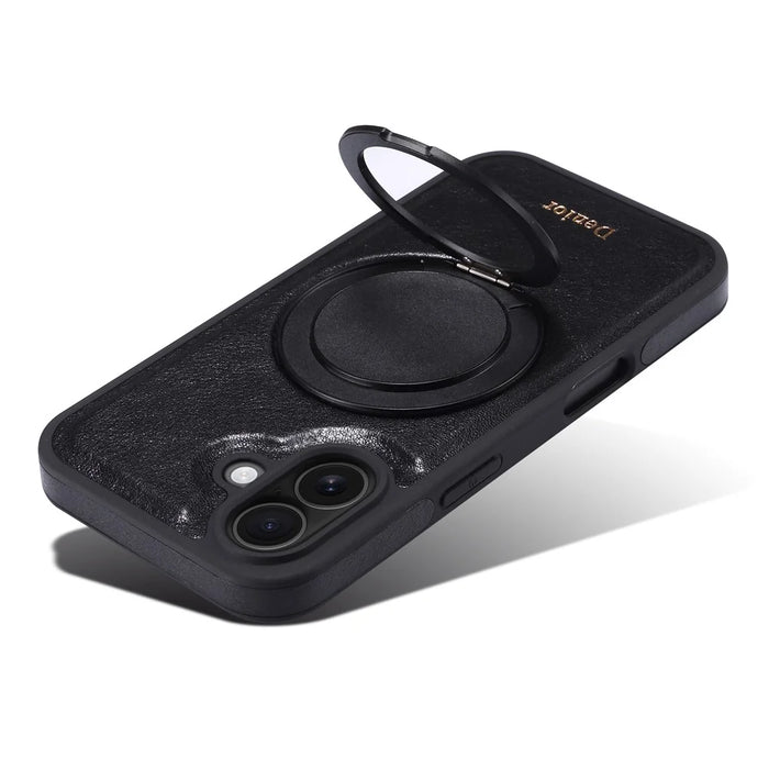 DENIOR For iPhone 16 Plus Case Rotating Magnetic Kickstand Genuine Cow Leather Phone Back Cover - Black - 6