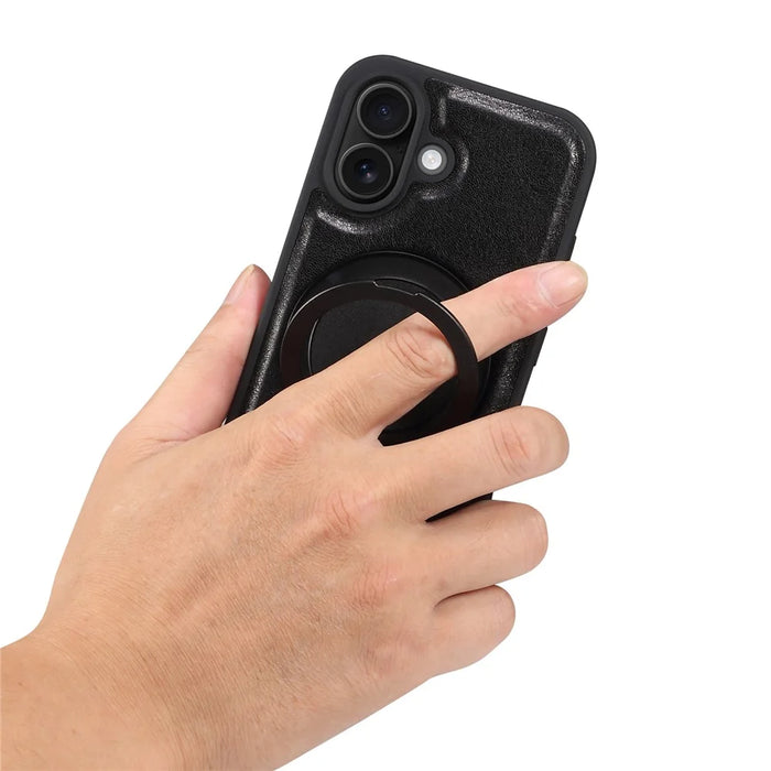 DENIOR For iPhone 16 Plus Case Rotating Magnetic Kickstand Genuine Cow Leather Phone Back Cover - Black - 7