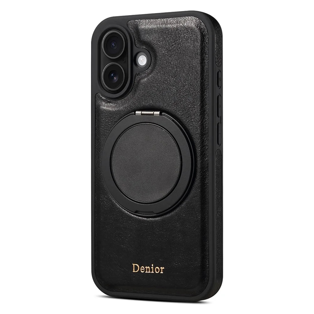DENIOR For iPhone 16 Case Rotating Magnetic Kickstand Genuine Cow Leather Phone Back Cover - Black - 2