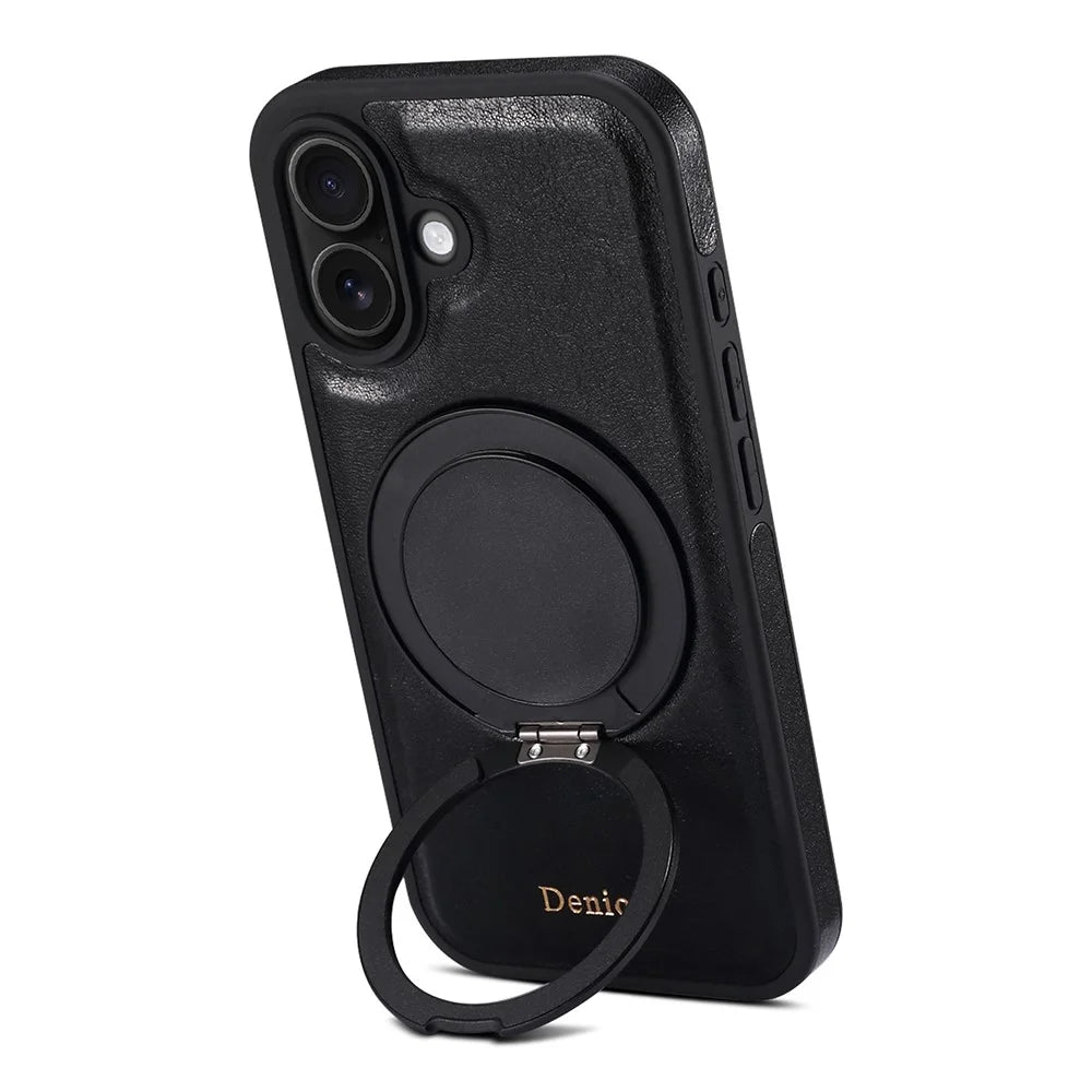 DENIOR For iPhone 16 Case Rotating Magnetic Kickstand Genuine Cow Leather Phone Back Cover - Black - 4