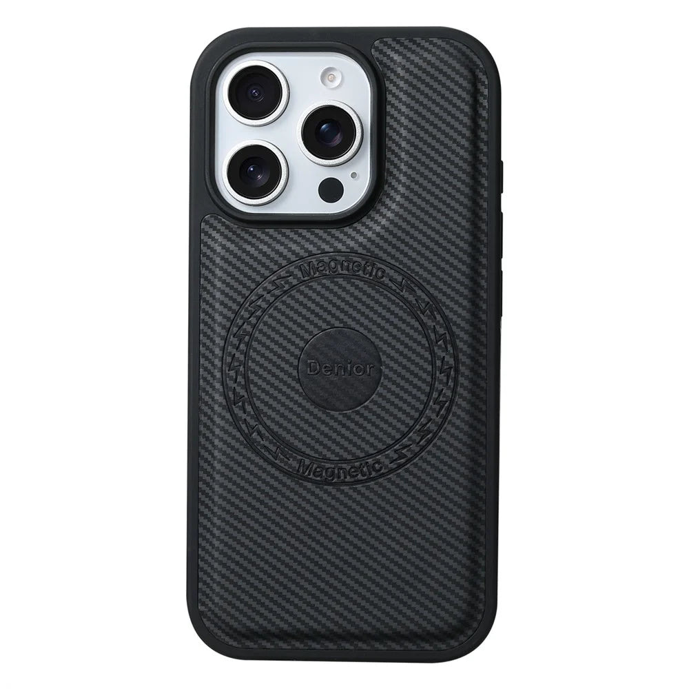 DENIOR For iPhone 16 Pro Case Compatible with MagSafe Carbon Fiber Texture Leather Back Cover - Black - 3