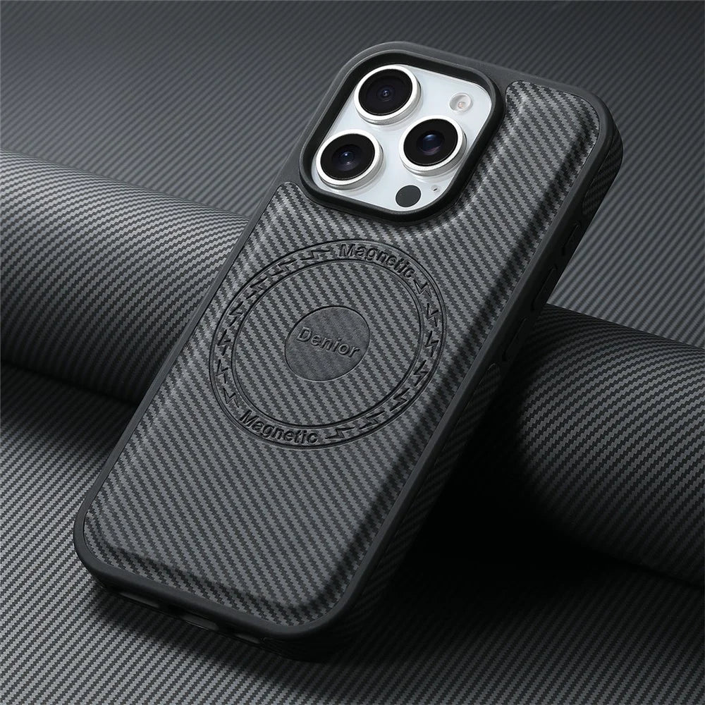 DENIOR For iPhone 16 Pro Case Compatible with MagSafe Carbon Fiber Texture Leather Back Cover - Black - 6